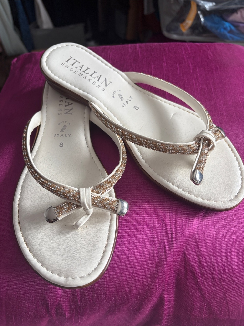 Italian Shoemakers White and Gold Beaded Toe-Loop Sandals